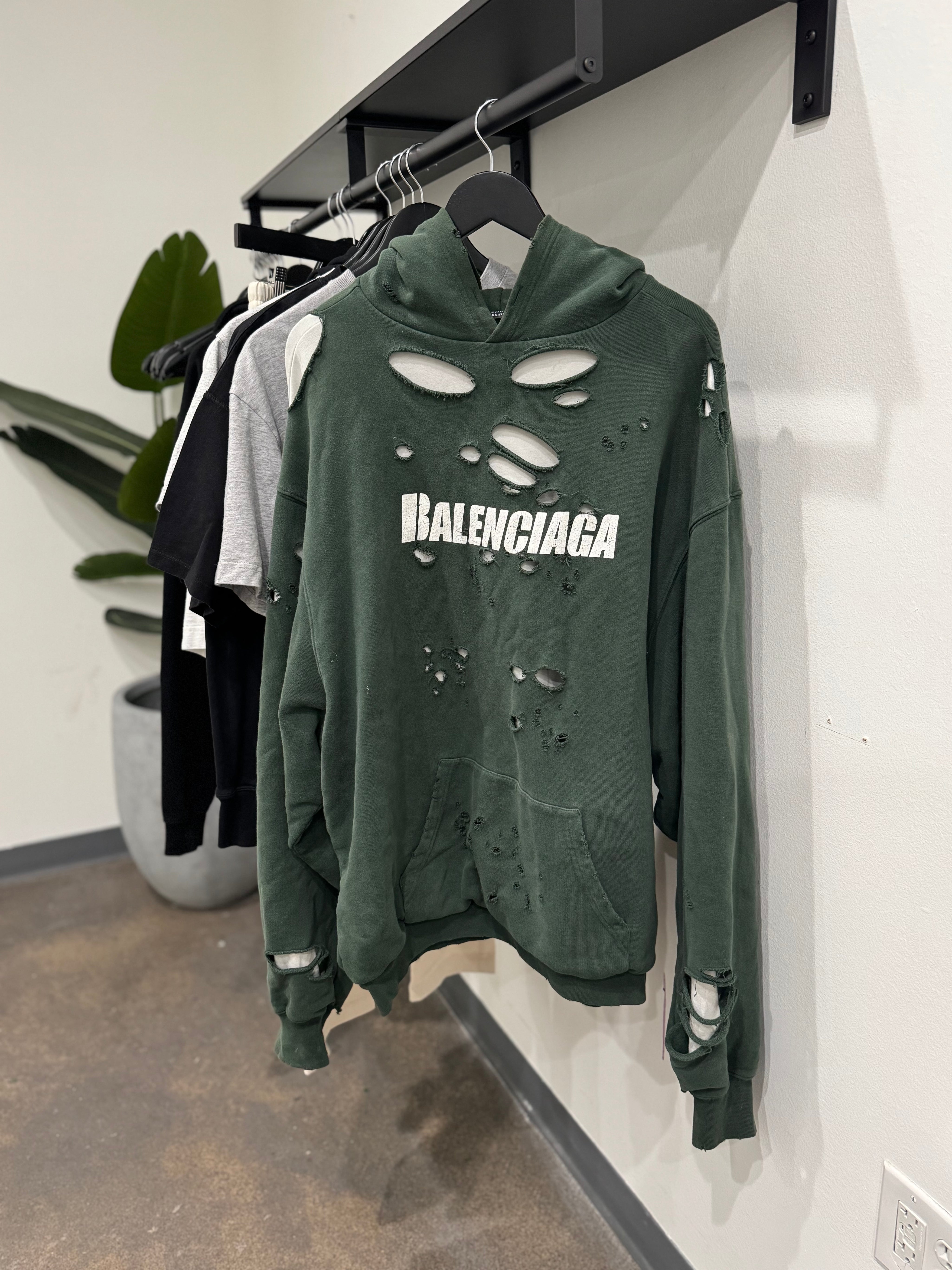 Balenciaga Distressed Oversized Hoodie Green Size XS