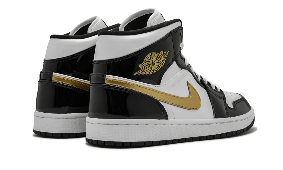 Jordan 1 Mid Patent Black White Gold
