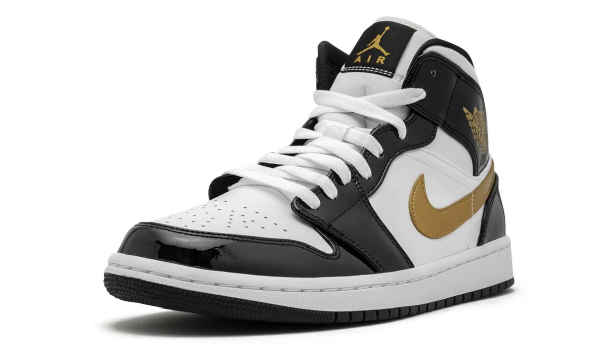 Jordan 1 Mid Patent Black White Gold