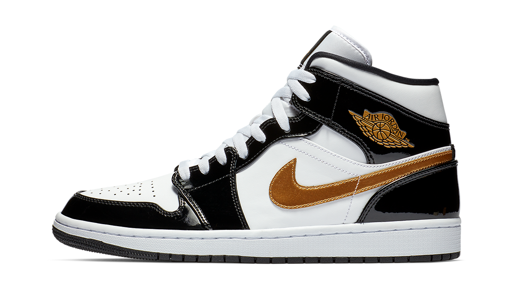 Jordan 1 Mid Patent Black White Gold